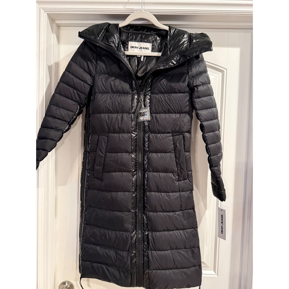 DKNY Jeans XXS Black Hooded Down Puffer Coat High Shine Long Quilted Jacket NWT
